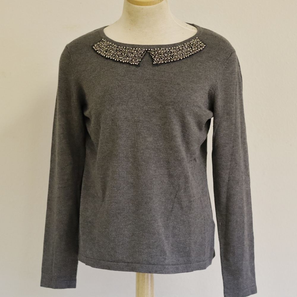 AB Studio Charcoal Long Sleeve Top with Embellished Collar